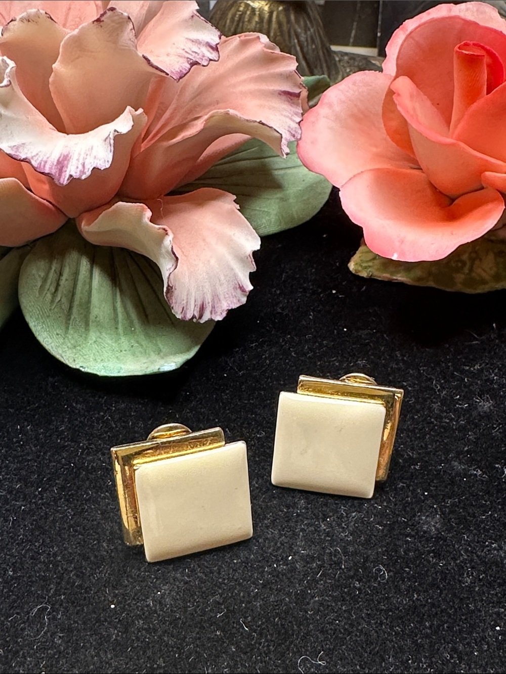 MONET - Gold-Tone Cream Square Clip Earrings